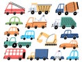 Kids transport and cars, construction tractor, excavator and digger. Cartoon children fire engine, dump truck and police vehicle