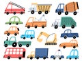 Kids transport and cars, construction tractor, excavator and digger. Cartoon children fire engine, dump truck and police