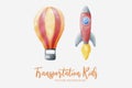 Kids transportation balloon and rocket launch watercolor set collection art graphic design illustration