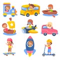 Kids transportation. Children in carriage vehicles, little travellers, young drivers in train and rocket, ship and plane