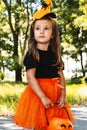 Kids trick or treat in Halloween costume. Children in dress up with candy bucket. Little girl with pumpkin lantern. Autumn holiday
