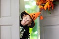 Kids trick or treat. Halloween. Child at door