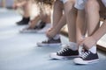 Kids tying sport shoes close-up Royalty Free Stock Photo