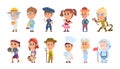 Kids in uniform. Children profession, isolated different occupations characters. Cartoon girl artist, boy astronaut and