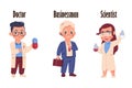 Kids in uniform. Cute children with work tools. Doctor holding pill. Scientist with test tubes. Businessman in suit