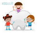 Kids Using a Toothbrush to Clean a Giant Tooth, Illustration of Kids Brushing a Tooth, Illustration of kids Brushing Their Teeth