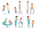 Kids vaccinating. Doctor gives injection to childrens medical healthcare vector concept cartoon illustrations Royalty Free Stock Photo