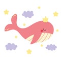 Kids vector cartoon illustration of a cute pink dreamy baby whale in a crown. Little princess. Royalty Free Stock Photo