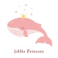 Kids vector illustration of a cute pink dreamy baby whale in a crown. Little princess. Royalty Free Stock Photo