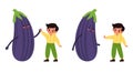 Kids with vegetables. Small children and big eggplants. Happy and unhappy boy with healthy food. Dairy vegetarian