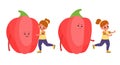 Kids with vegetables. Small children and big pepper. Happy and unhappy girl with healthy food. Vitamin and nutrition for