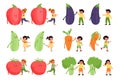 Kids with vegetables. Small children and big tomatoes, eggplants and broccoli, happy and unhappy boys and girls with
