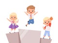 Kids victory. Children on pedestal with medals. Girl boy winners, toddler competition vector concept