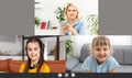 kids video conferencing with tutor on laptop at home. Distance education concept. Royalty Free Stock Photo