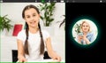 kids video conferencing with tutor on laptop at home. Distance education concept. Royalty Free Stock Photo