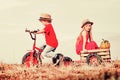 Kids with vintage colorful tricycle. Cute toddler girl and boy working on farm outdoors. Childhood memories. Sister and