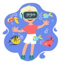 Kids virtual reality. Happy boy with VR glasses. Innovation augmented technology. Underwater nature and fish interactive