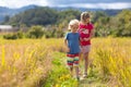 Kids visit rice plantation in Asia. Paddy field