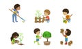 Kids Volunteers Set, Cute Children Working in Garden, Planting Trees, Trimming Bushes Vector Illustration