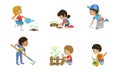 Kids Volunteers Set, Cute Children Working in Garden, Planting and Watering Trees, Trimming Bushes, Picking up Garbage Royalty Free Stock Photo