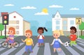 Kids walking crosswalk. Children cross road on zebra crossing. Girls and boys follow pedestrian rules. Safe stepping