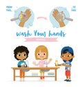 Kids wash hands infographics poster template vector illustration. Viral infection disease prevention