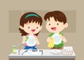 happy cute little boy and girl washing dish together