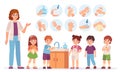 Kids washing hands. Cartoon children at school use soap to skin in bathroom. Prevent virus and infection concept