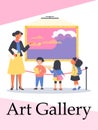 Kids watch exhibition in art gallery, guide tells about picture flat style