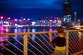 Kids watch Hong Kong harbor skyline