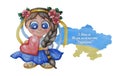 Kids watercolor illustrations. Ukrainian girl in national clothes against the background of the yellow-blue map of