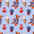 Kids watercolor set seamless pattern with teddy bears and ice cream