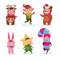 Kids wearing christmas costumes. Cartoon happy children greeting christmas. Winter holiday vector characters Royalty Free Stock Photo