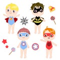 Kids wearing colorful costumes of different superheroes retro set isolated on white background cartoon vector