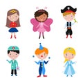 Kids wearing different costumes for costume party vector illustration.