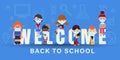 Kids wearing face mask during Covid-19 pandemic. Back to school banner illustration Royalty Free Stock Photo