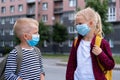 Kids wearing mask and backpacks protect and safety from coronavirus for back to school. Brother and sister going school Royalty Free Stock Photo