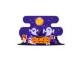 Kids wearing monsters costumes walking around holiday concept castle background tricks or treat happy halloween cartoon Royalty Free Stock Photo