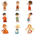 Kids Wearing National Costumes Of Different Countries Set Of Cute Boys And Girls In Clothes Representing Nationality