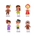 Kids Wearing National Costumes of Different Countries Vector Illustration Set