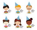 Kids wearing party hats and blow cake in birthday party vector set design Royalty Free Stock Photo