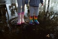 Kids wearing wellingtons in the puddle Royalty Free Stock Photo