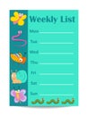 Kids weekly list with cartoon insects