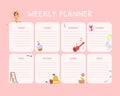 Kids Weekly Planner, Calendar Daily Pink Template, Organizer and Schedule with Place for Notes Vector Illustration