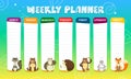Kids weekly planner with cute cartoon animals characters. Schedule for elementary school. Kids timeline design template. Vector