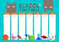 Kids weekly planner with funny cat cartoon characters. A school timetable with stationery clip art. Children schedule design