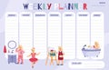 Kids weekly planner or timetable template with girl cartoon vector illustration.