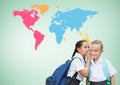 Kids whispering in front of colorful world map Royalty Free Stock Photo