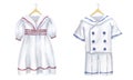 Kids white sailor costume, antique clothing for little boy girl. Marine shirt, shorts, dress on wooden hanger. Hand