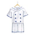 Kids white sailor costume, antique clothing for a little boy. Marine shirt and shorts on wooden hanger. Hand drawn